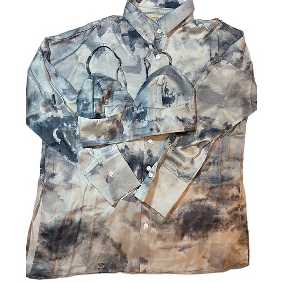 New! Oversized Tie Dye Boyfriend Button Down Long Sleeve Top & Matching Cami Bra - Picture 12 of 14